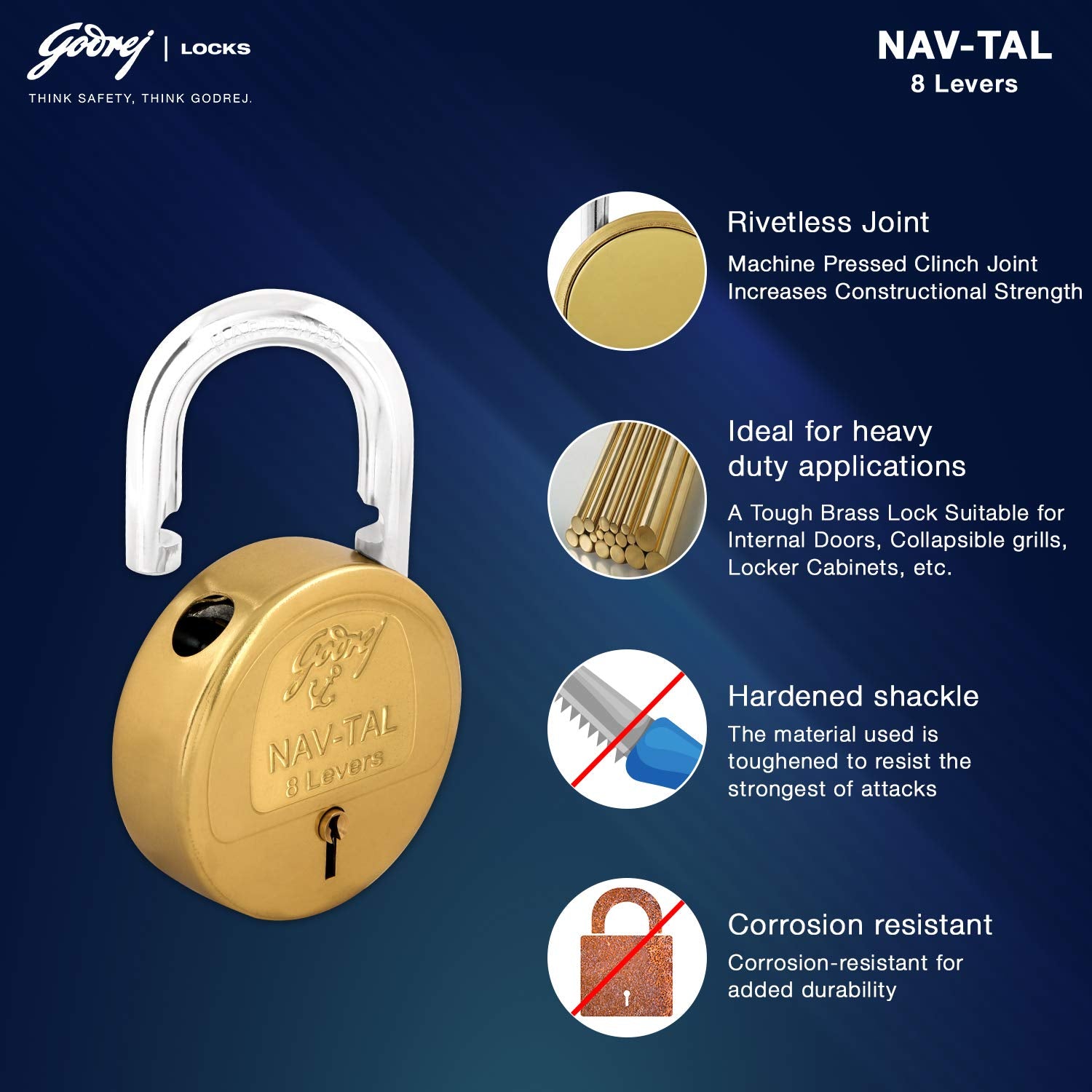 Godrej Locking Solutions and Systems Godrej Nav-tal 7 Levers Brass Padlock - 4 Key | Rust Resistant - Golden
